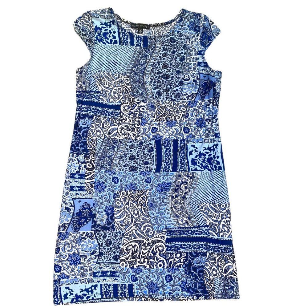 Madison Leigh Blue White Paisley Patchwork Print Dress Women’s Short Sleeve